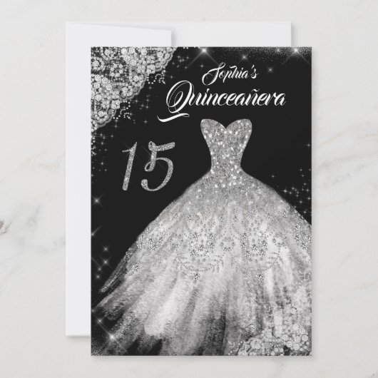 Silver Black Lace Diamond Sparkle Gown Quinceanera Kaart (Voorkant)