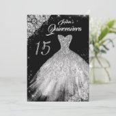 Silver Black Lace Diamond Sparkle Gown Quinceanera Kaart (Staand voorkant)