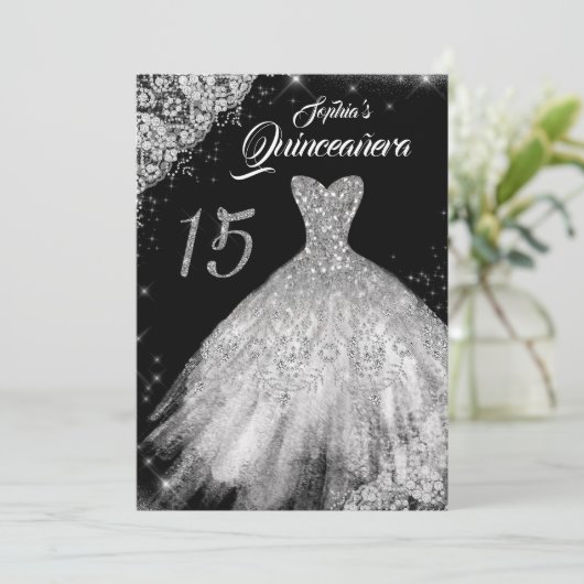 Silver Black Lace Diamond Sparkle Gown Quinceanera Kaart (Staand voorkant)