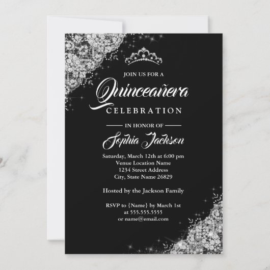 Silver Black Lace Diamond Sparkle Gown Quinceanera Kaart (Achterkant)