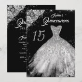 Silver Black Lace Diamond Sparkle Gown Quinceanera Kaart (Voorkant / Achterkant)