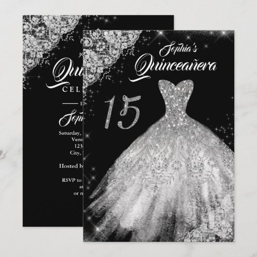 Silver Black Lace Diamond Sparkle Gown Quinceanera Kaart (Voorkant / Achterkant)