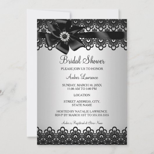 Silver Black Lace en Bow Vrijgezellenfeest Invite Kaart (Voorkant)