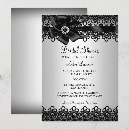 Silver Black Lace en Bow Vrijgezellenfeest Invite Kaart (Voorkant / Achterkant)