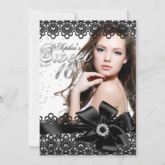  Silver Black Lace Foto Sweet 16 Invite Kaart (Voorkant)