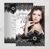  Silver Black Lace Foto Sweet 16 Invite Kaart (Voorkant / Achterkant)