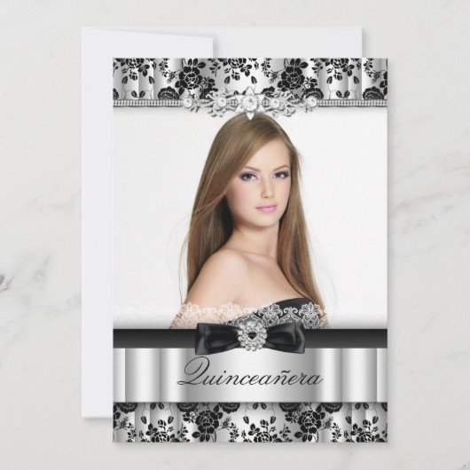 Silver & Black Lace Photo Quinceanera Invitation Kaart (Voorkant)