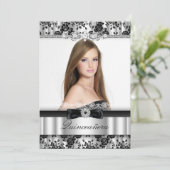 Silver & Black Lace Photo Quinceanera Invitation Kaart (Staand voorkant)