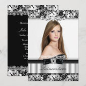 Silver & Black Lace Photo Quinceanera Invitation Kaart (Voorkant / Achterkant)