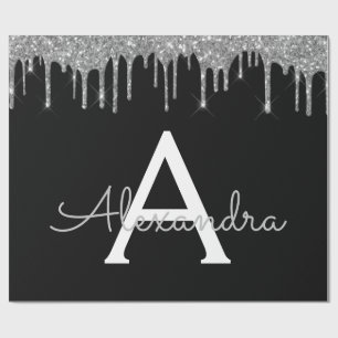 Silver Black Luxury Glitter Glam Monogram Naam Cadeaupapier