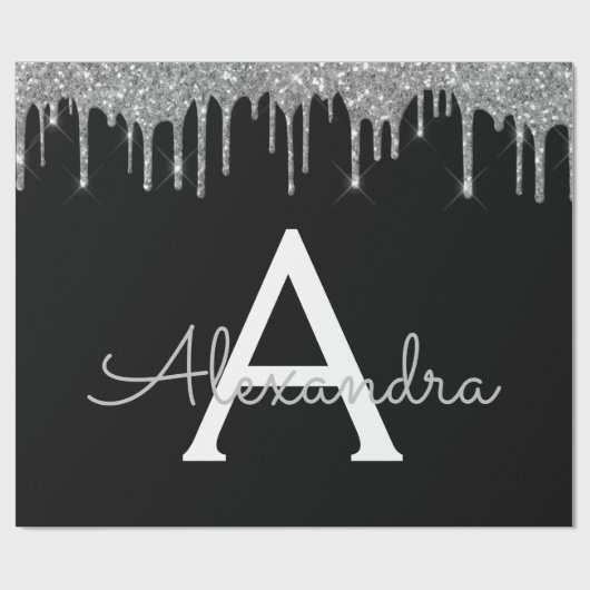 Silver Black Luxury Glitter Glam Monogram Naam Cadeaupapier (Vlak)