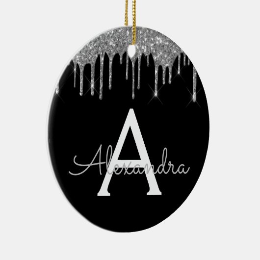 Silver Black Luxury Glitter Glam Monogram Naam Keramisch Ornament (Rechts)