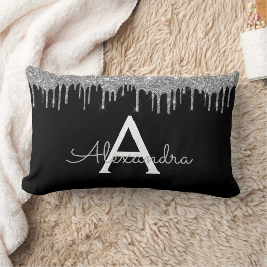 Silver Black Luxury Glitter Glam Monogram Naam Kussen (Deken)