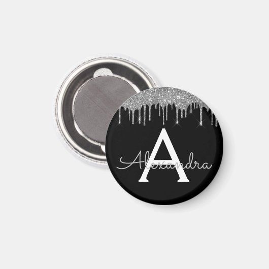 Silver Black Luxury Glitter Glam Monogram Naam Magneet (Voorkant / Achterkant)