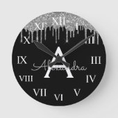 Silver Black Luxury Glitter Glam Monogram Naam Ronde Klok (Voorkant)