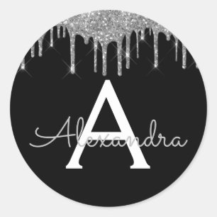 Silver Black Luxury Glitter Glam Monogram Naam Ronde Sticker