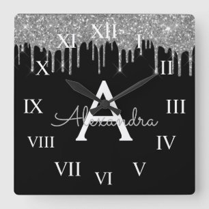 Silver Black Luxury Glitter Glam Monogram Naam Vierkante Klok