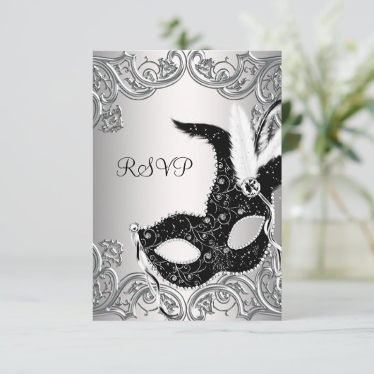 Silver Black Mask Masquerade Party RSVP (Staand voorkant)