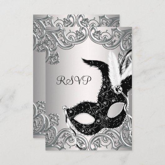 Silver Black Mask Masquerade Party RSVP (Voorkant / Achterkant)