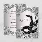Silver Black Mask Masquerade Party RSVP Kaartje (Voorkant / Achterkant)