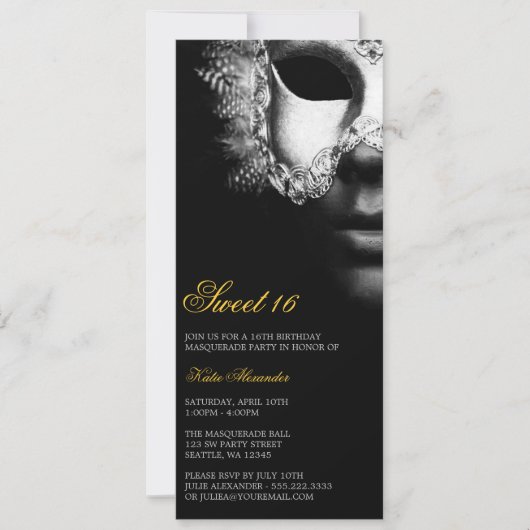 Silver Black Masquerade Sweet 16 Birthday Invites Kaart (Voorkant)