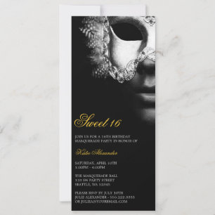 Silver Black Masquerade Sweet 16 Birthday Invites Kaart