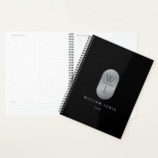 Silver & Black Monogram Modern minimalist Planner (Display)
