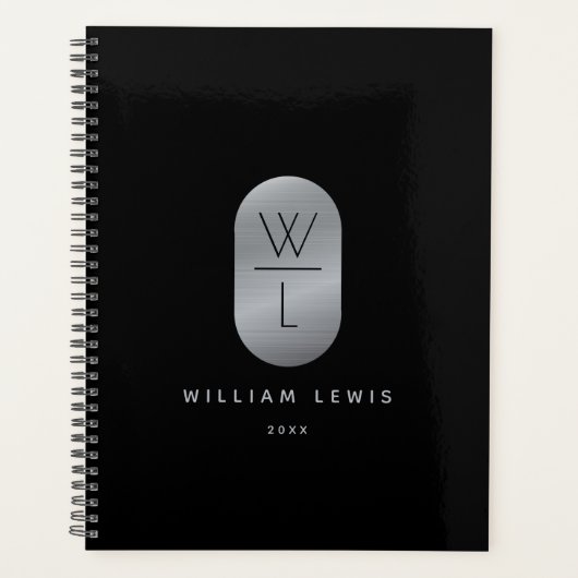 Silver & Black Monogram Modern minimalist Planner (Voorkant)