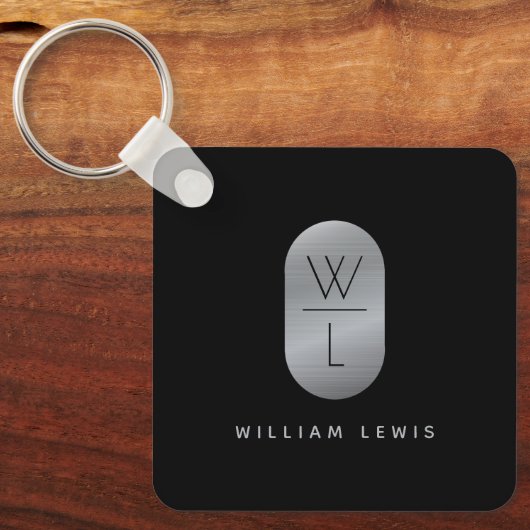 Silver & Black Monogram Modern minimalist Sleutelhanger (Voorkant)