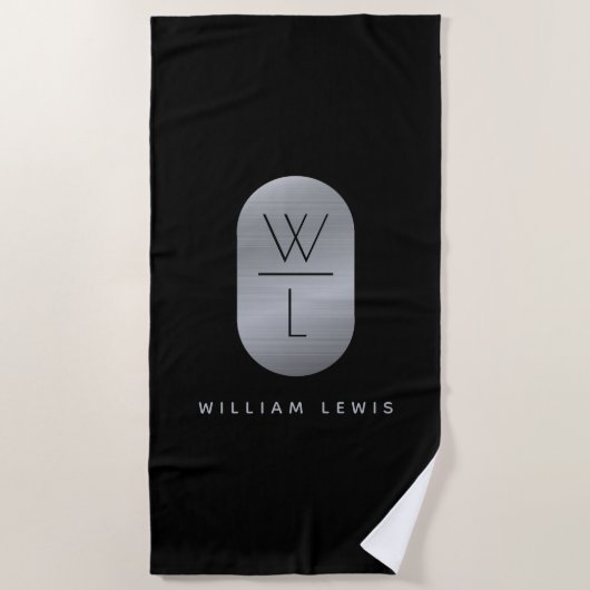 Silver & Black Monogram Modern minimalist Strandlaken (Voorkant)