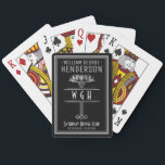 Silver Black Monogrammed Luxury Persoonlijke naam Pokerkaarten<br><div class="desc">Dit -geïnspireerde Art Deco-ontwerp is ontworpen in zwart en faux zilver en omvat een zilverkleurig bloemetrisch/geometrisch ornament thema en ruimte voor jouw naam, 3 monogram letters, kaartclub en locatie - of elke gewenste tekst. Dit klaskaartendek heeft een luxe, antiek look. Gebruik de gemakkelijke sjablonen om jouw tekst toe te voegen....</div>