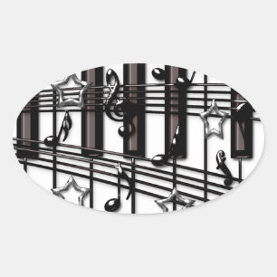Silver Black Piano Keyboard Notities en Sterren Ovale Sticker