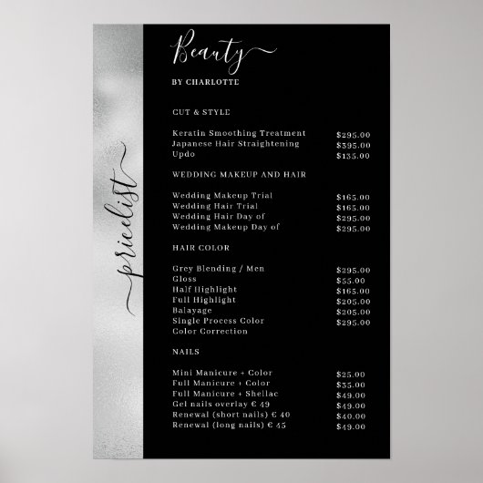 Silver Black Pricelist Salon Poster (Voorkant)