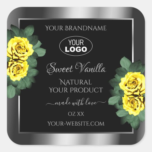 Silver Black Product Labels gele rozen met Logo (Voorkant)