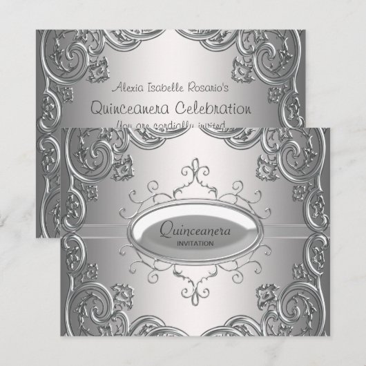 Silver Black Quinceanera Uitnodigingen (Voorkant / Achterkant)