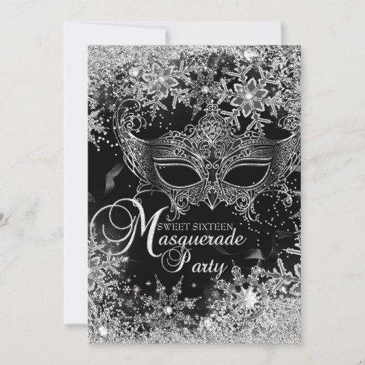 Silver Black Snowflake Masquerade Sweet 16 Kaart (Voorkant)