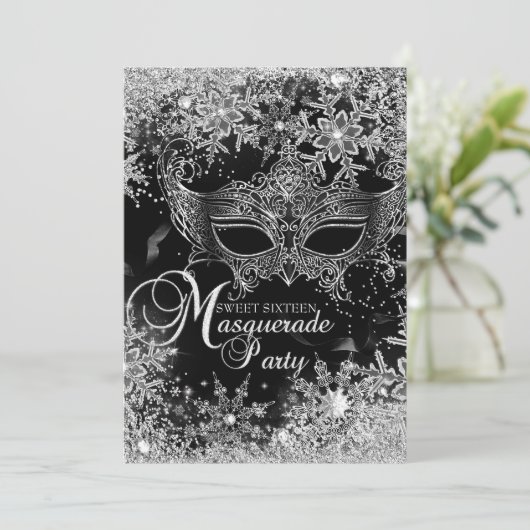 Silver Black Snowflake Masquerade Sweet 16 Kaart (Staand voorkant)