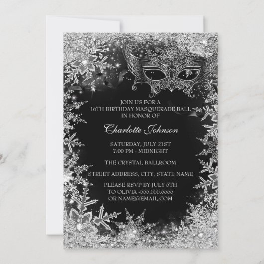 Silver Black Snowflake Masquerade Sweet 16 Kaart (Achterkant)