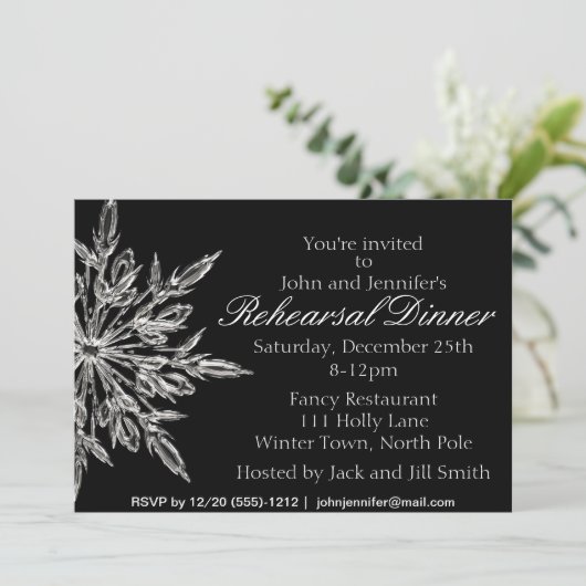 Silver Black Snowflake Winter Rehearsal Dinner Kaart (Staand voorkant)