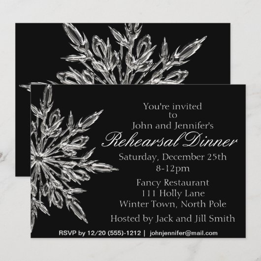 Silver Black Snowflake Winter Rehearsal Dinner Kaart (Voorkant / Achterkant)