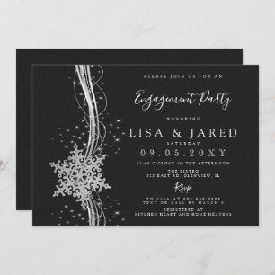 Silver Black Snowflakes Winter Engagement Party Kaart