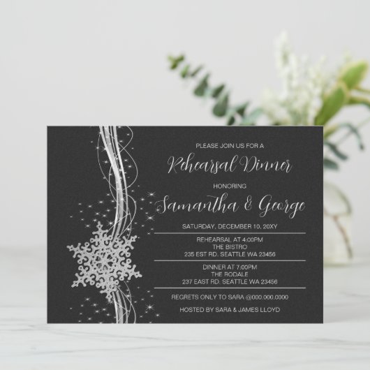 Silver Black Snowflakes Winter Rehearsal Dinner Kaart (Staand voorkant)