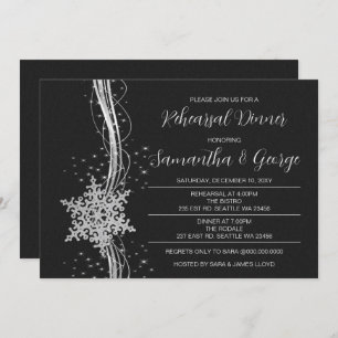 Silver Black Snowflakes Winter Rehearsal Dinner Kaart