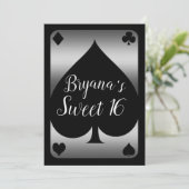 Silver & Black Spade Glam Casino Sweet 16 Party Kaart (Staand voorkant)