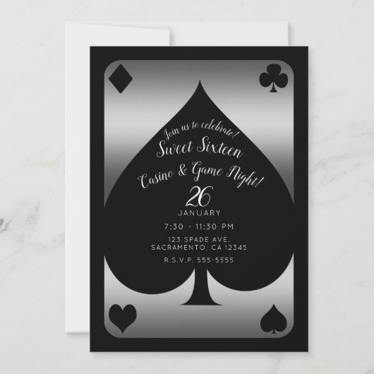 Silver & Black Spade Glam Casino Sweet 16 Party Kaart (Achterkant)