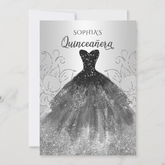 Silver Black Sparkle Dress Quinceañera Quince Kaart (Voorkant)