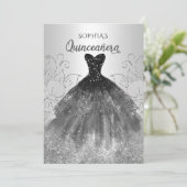 Silver Black Sparkle Dress Quinceañera Quince Kaart (Staand voorkant)