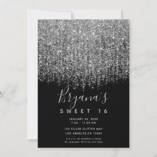 Silver & Black Sparkly Glitter Sweet 16 Party Kaart