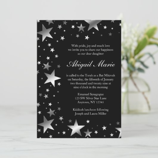Silver Black Stars Bat Mitzvah Kaart (Staand voorkant)