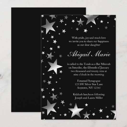 Silver Black Stars Bat Mitzvah Kaart (Voorkant / Achterkant)